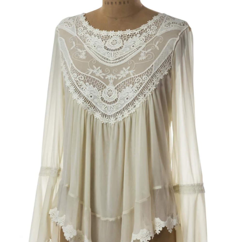 Cream Ruffled Blouse with Flutter Sleeves and Bib Collar